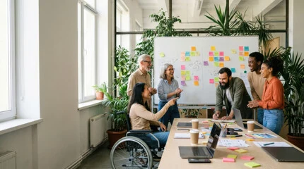 A diverse team meeting around a table in a bright office